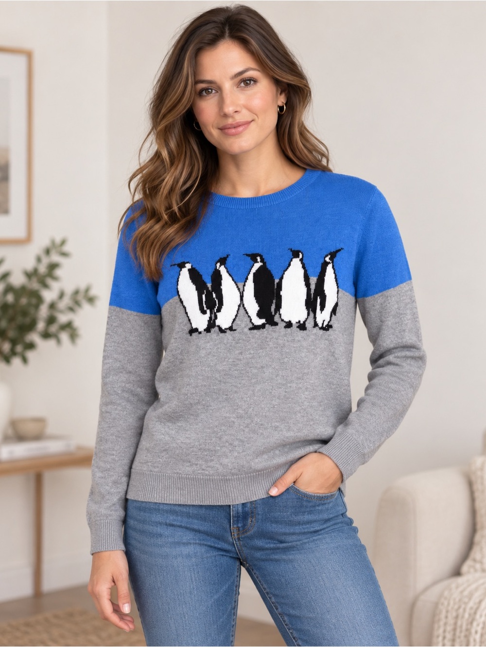 Talbots Penguin Lambswool Blend Blue Gray Colorblock Knit Sweater